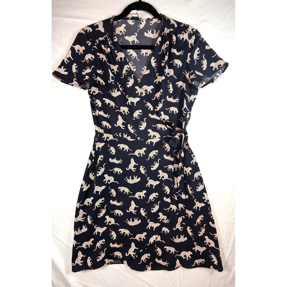 J.Crew Womens Leopard  Wrap Dress Short Sleeve Navy Blue Size 0 flirty fun‎